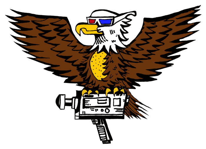 Dollarmoovies eagle mascot holding a camera